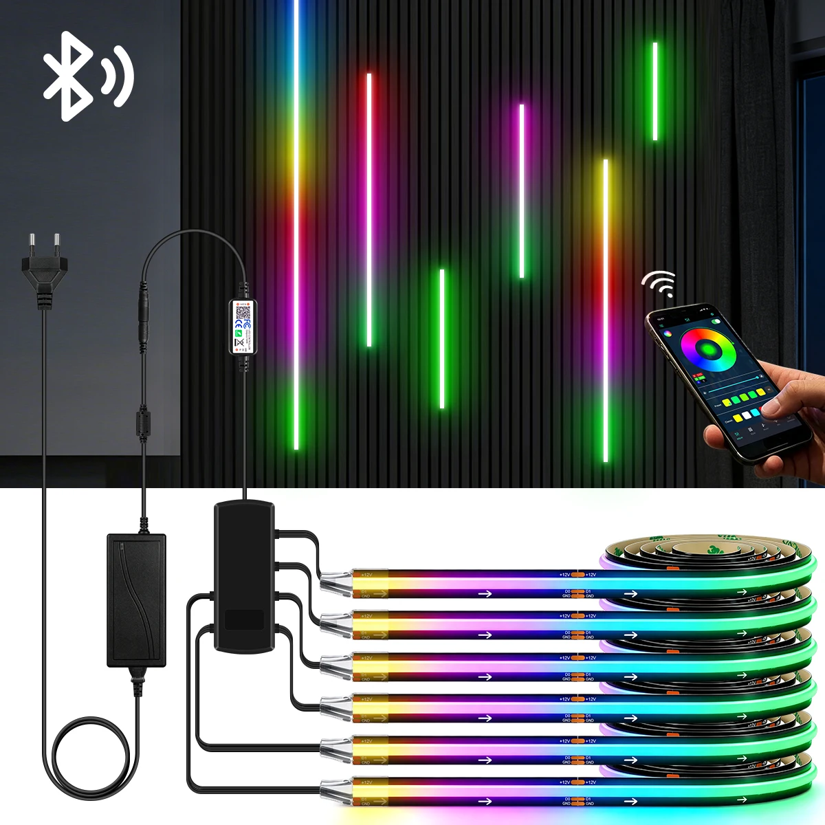 Smart RGB IC COB Pixel Chasing Neon Tape BT 12V 432LED/M,Acoustic Wall Panel Decor LED Lighting Kit,EU/US/UK Plug
