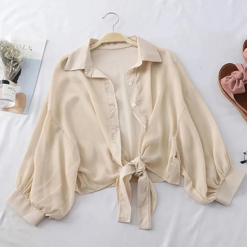 Elegant Solid Color Tied Waist Blouse Casual Loose Hollow Solid Clothes Women Summer Bat Half Sleeve Button Chiffon Shirt 9776