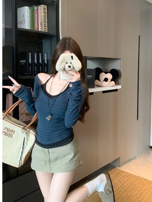 

Женская футболка больших размеров в полоску, приталенная, с длинным рукавом, имитация двухслойности, модный корейский дизайн, осенняя новинка