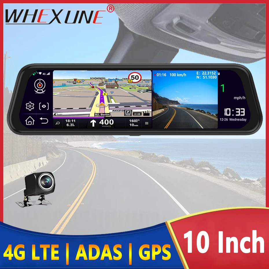 

WHEXUNE 10 Inch 4G LTE Android 8.1 Dash Cam GPS Car Rearview Mirror WIFI Video Recorder ADAS Navigation HD 1080P Dual Camera DVR