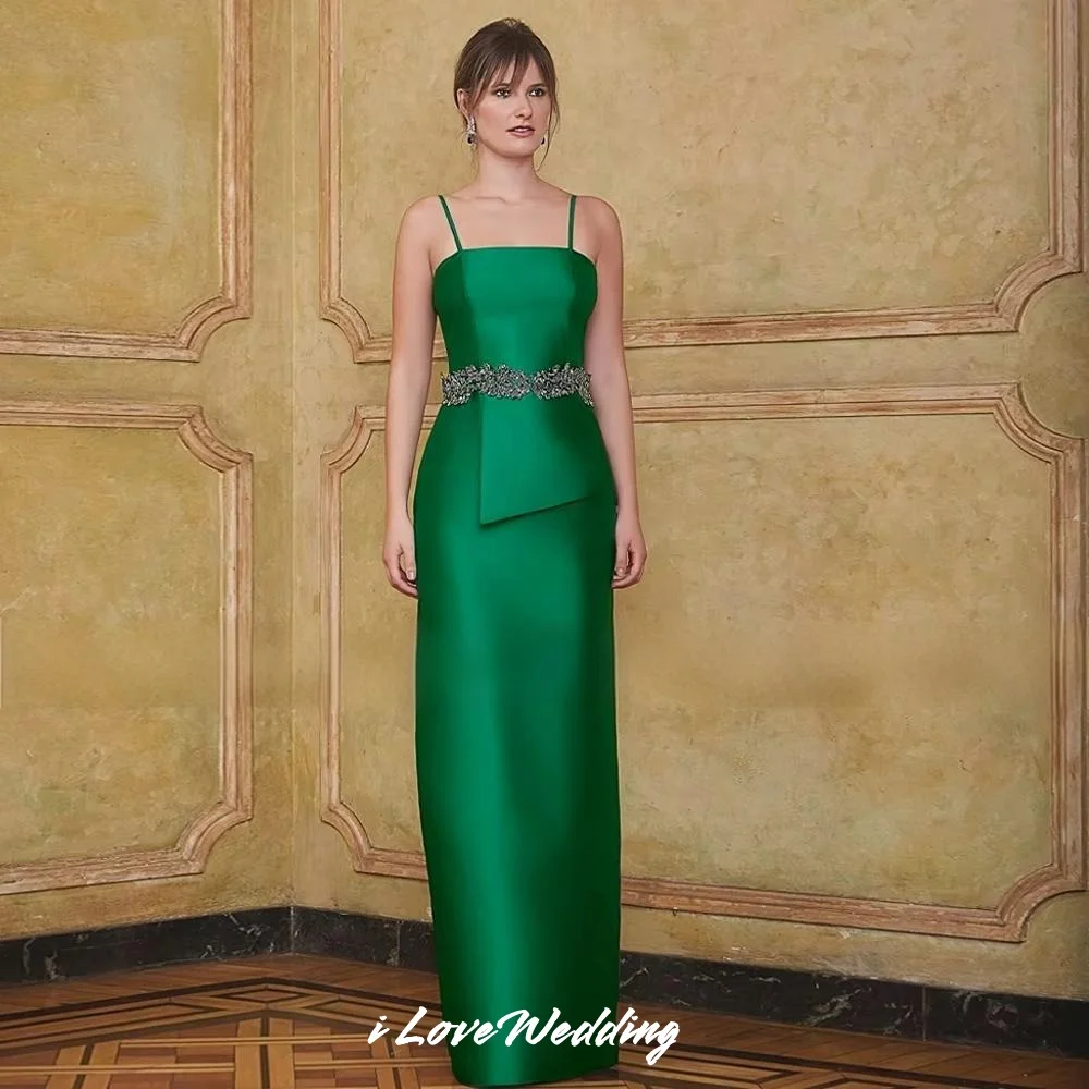 

Green Spaghetti-Strap Evening Dresses 2025 Satin Sleeveless Crystal Pleated Sheath Floor-Length Wedding Party Dresses Customized