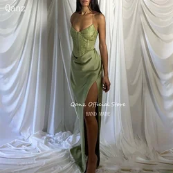 Qanz Sexy High Leg Slit Evening Dresses Spaghetti Straps Lace Appliques Luxsus Abend KleiderCorset Prom Dresses Customized