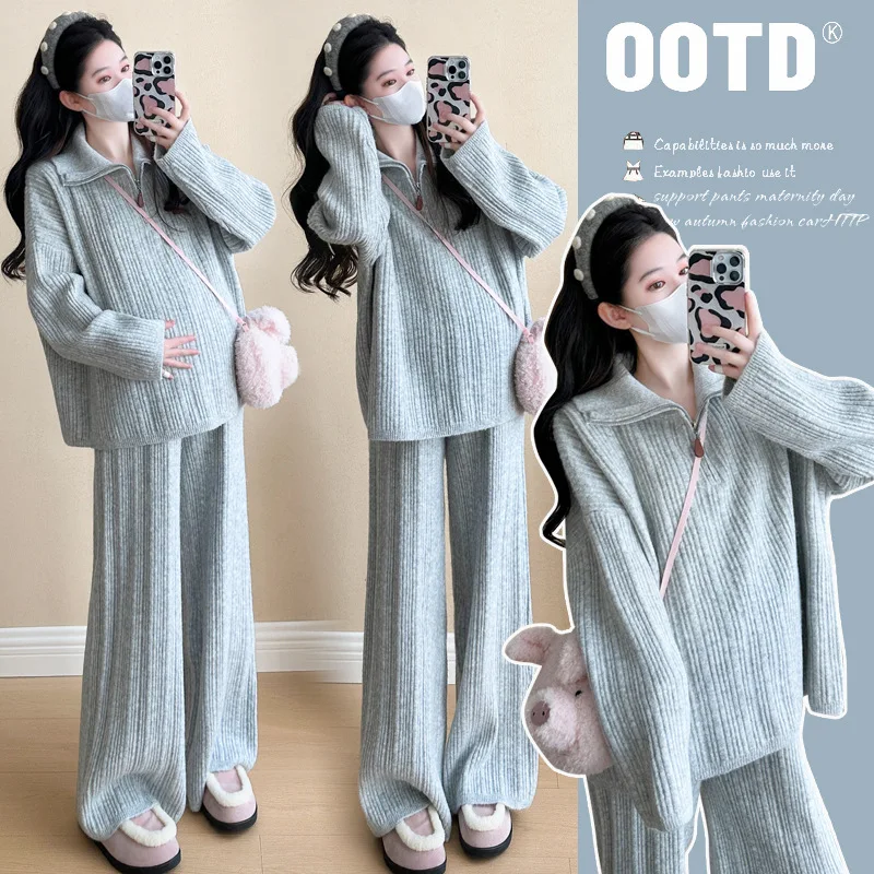 

2025 Korean Style Pregnancy Sweater Set Autumn Soft Cozy Zip Front Knit Top with Lounge Pants Comfortable Maternity Outfit