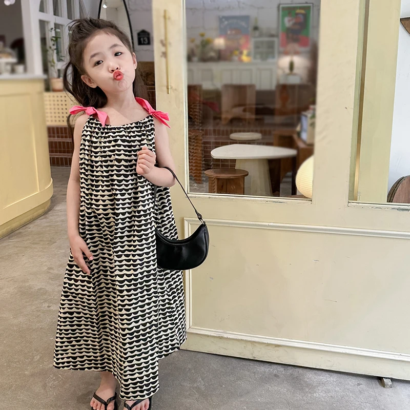 Summer Girl Dress Cotton Full Printed Bow Sling Casual Dresses Kid Soft Cool Outdoor Dress Chlidren Fashion Picnic Beach Clothes