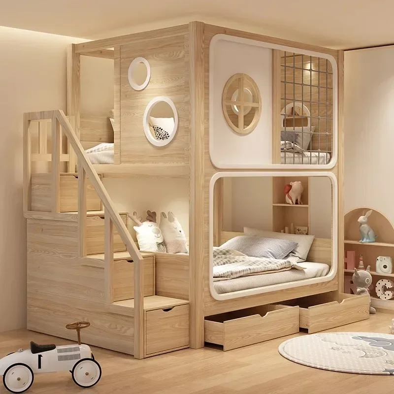 

Full solid wood bed bunk bed tree house second floor same width children's boy high and low wood color child