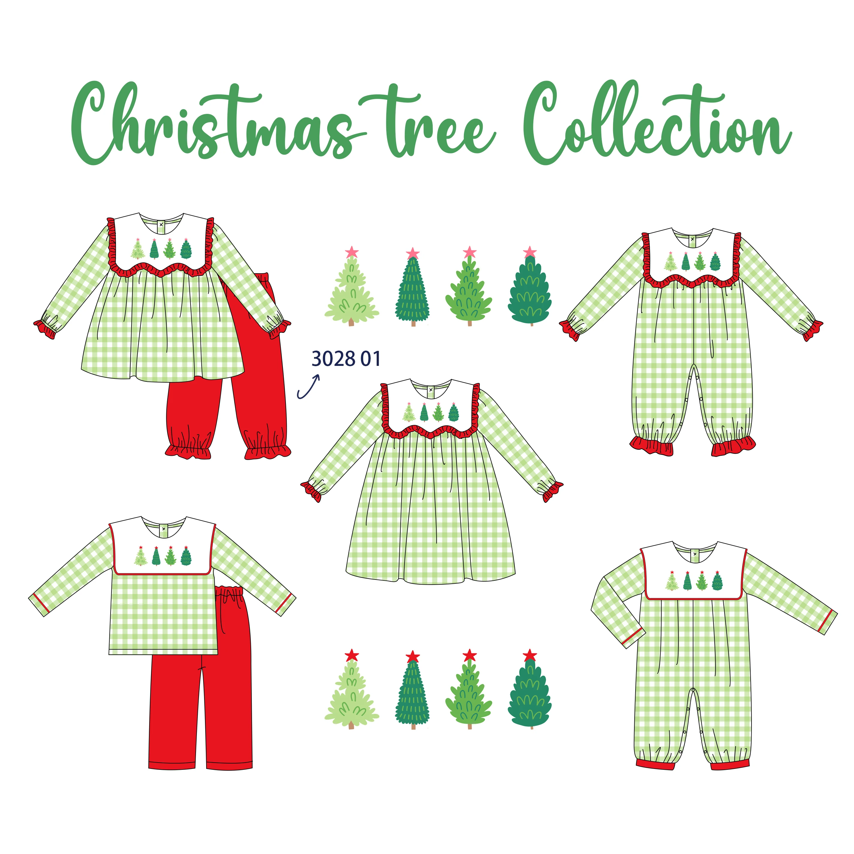 

Baby New Winter Cotton Long Sleeve T-shirt Set Round Neck Christmas Tree Embroidery Boy Green Lattice Top Clothes And Red Pants