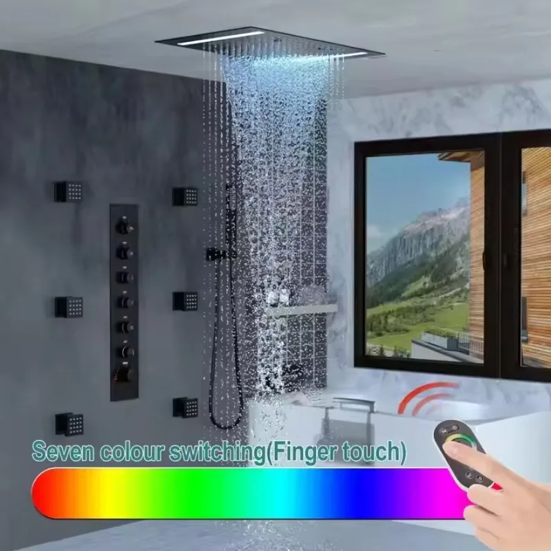 Deluxe matte black constant temperature high flow system hidden ceiling heavy rain waterfall shower set