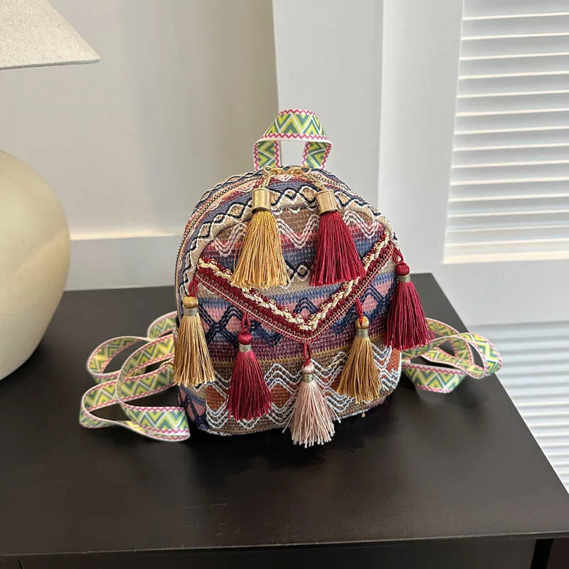 حقيبة كتف مزدوجة منسوجة على الطراز العرقي للنساء، حقيبة ظهر صغيرة عصرية وفريدة من نوعها لفصل الربيع، تصميم شعبي