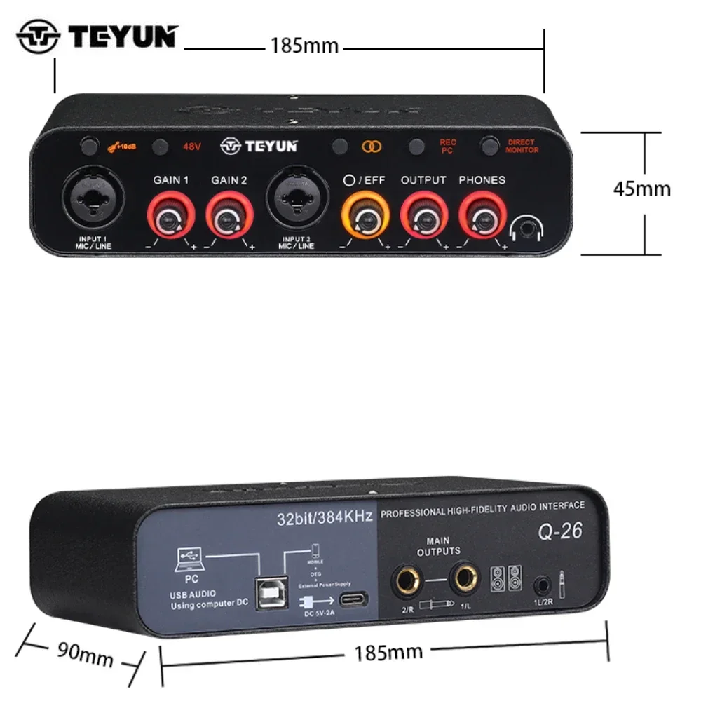 TEYUN Q26 2 Canali Professionale portatile Interfaccia Audio scheda audio console mini USB MIXER per Chitarra Studio di Registrazione Q24 Q22