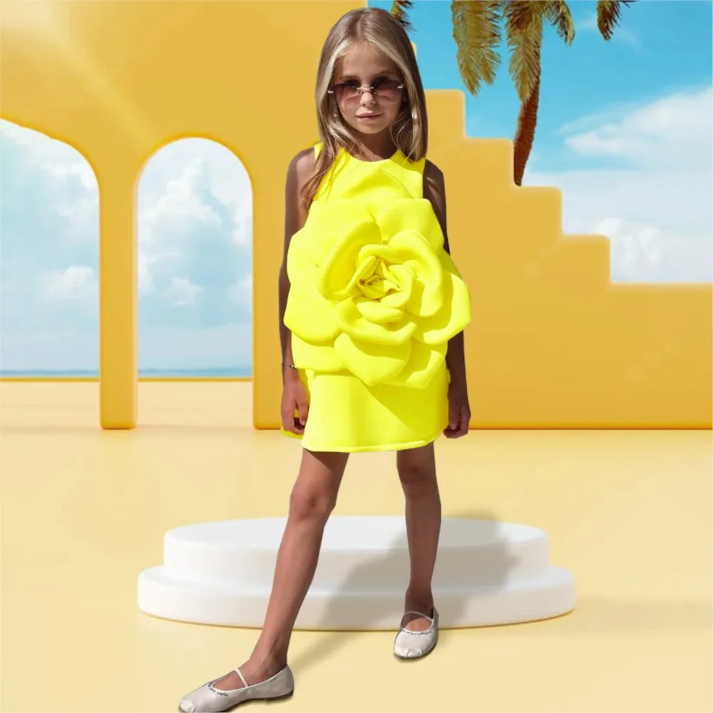 2024 New Girls Princess Yellow Flower Teen Dress EidalFitr Birthday Holiday abbigliamento per bambini Costume da festa vestiti della neonata