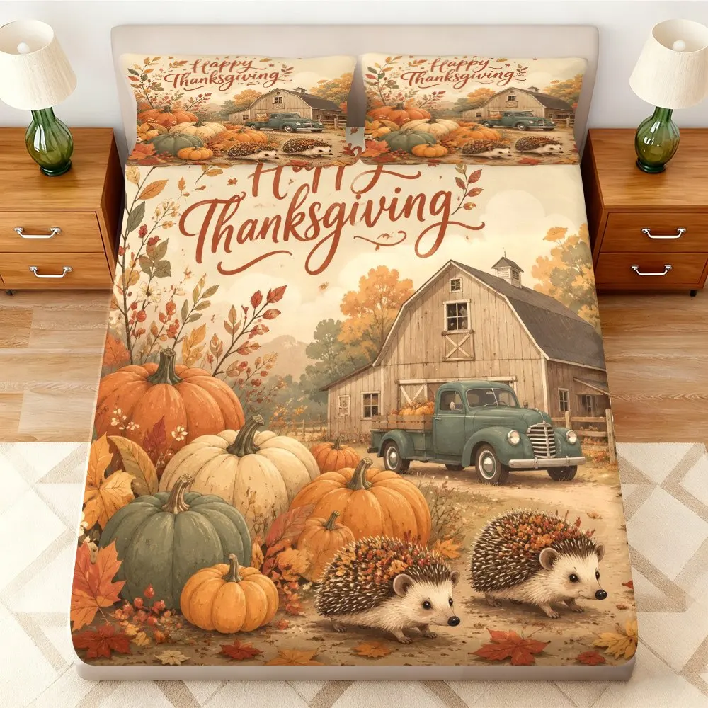 Pumpkin Hedgehog Bedding Thanksgiving Theme, Decorative Bedding Set, 3-Piece Bedding Set (1 Fitted Sheet + 2 Pillowcases), Large Capacity Deep Pocket 2D Printed Fitted Sheet and 2 Pillowcases, Mattress Protector, Fitted Elastic Style, Protective Cover, Mattress Protector, Suitable for All Seasons, Machine Washable Design, Holiday Decoration, Various Sizes, Breathable Protective Cover with Pillowcase