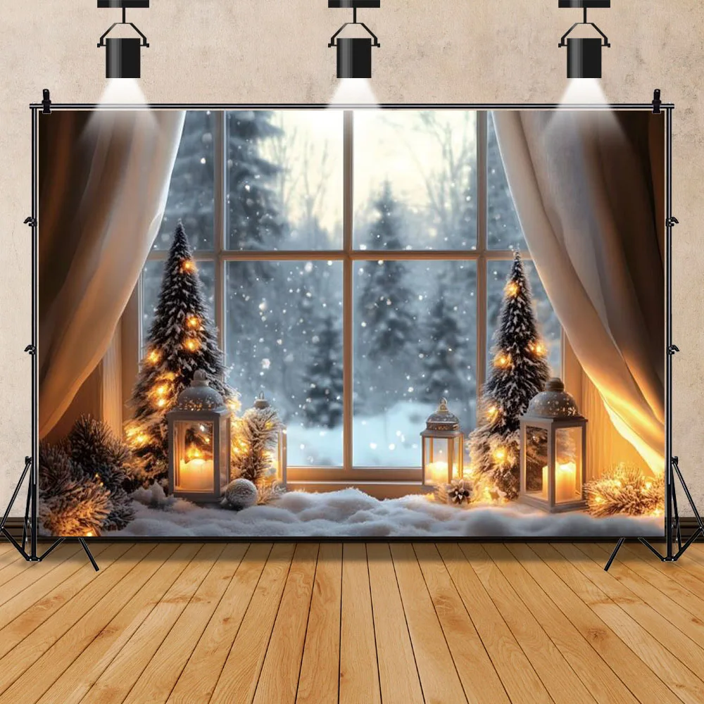 Lilin pohon Natal latar belakang fotografi Natal, properti bilik foto keluarga anak-anak, lilin pohon Natal musim dingin, adegan ambang jendela Natal