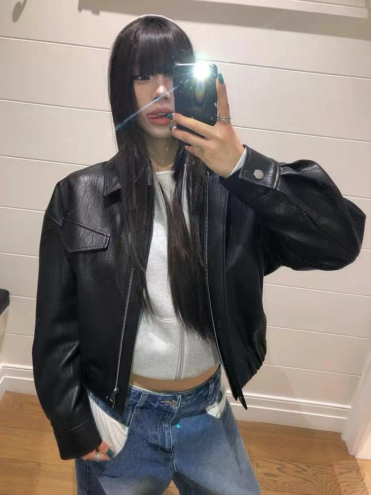 

Черная куртка из искусственной кожи, женская Y2K, осенние свободные укороченные пальто на молнии с лацканами, корейская модная уличная одежда, универсальная кожаная верхняя одежда