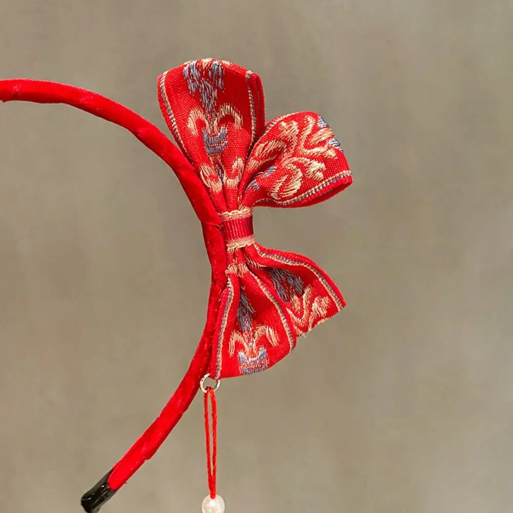 Красная повязка для волос, новогодняя повязка для волос с кисточками и цветком, повязка на голову с красным бантом, детский головной убор, фетровый обруч для волос, головной убор в китайском стиле