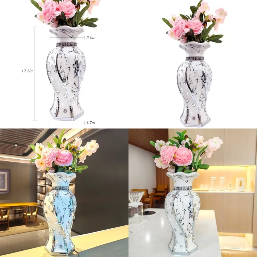 

Modern Decorative Vase, Silver Flower Vase for Home Decor with Rhinestone, 30 cm Luxury Ceramic Vase for Centerpiece, Living Ro