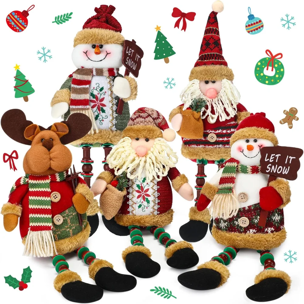 Christmas Shelf Sitters Plush Santa Snowman Decorations Reindeer Christmas Xmas Sitting Figurines Ornament For Indoor Home Decor