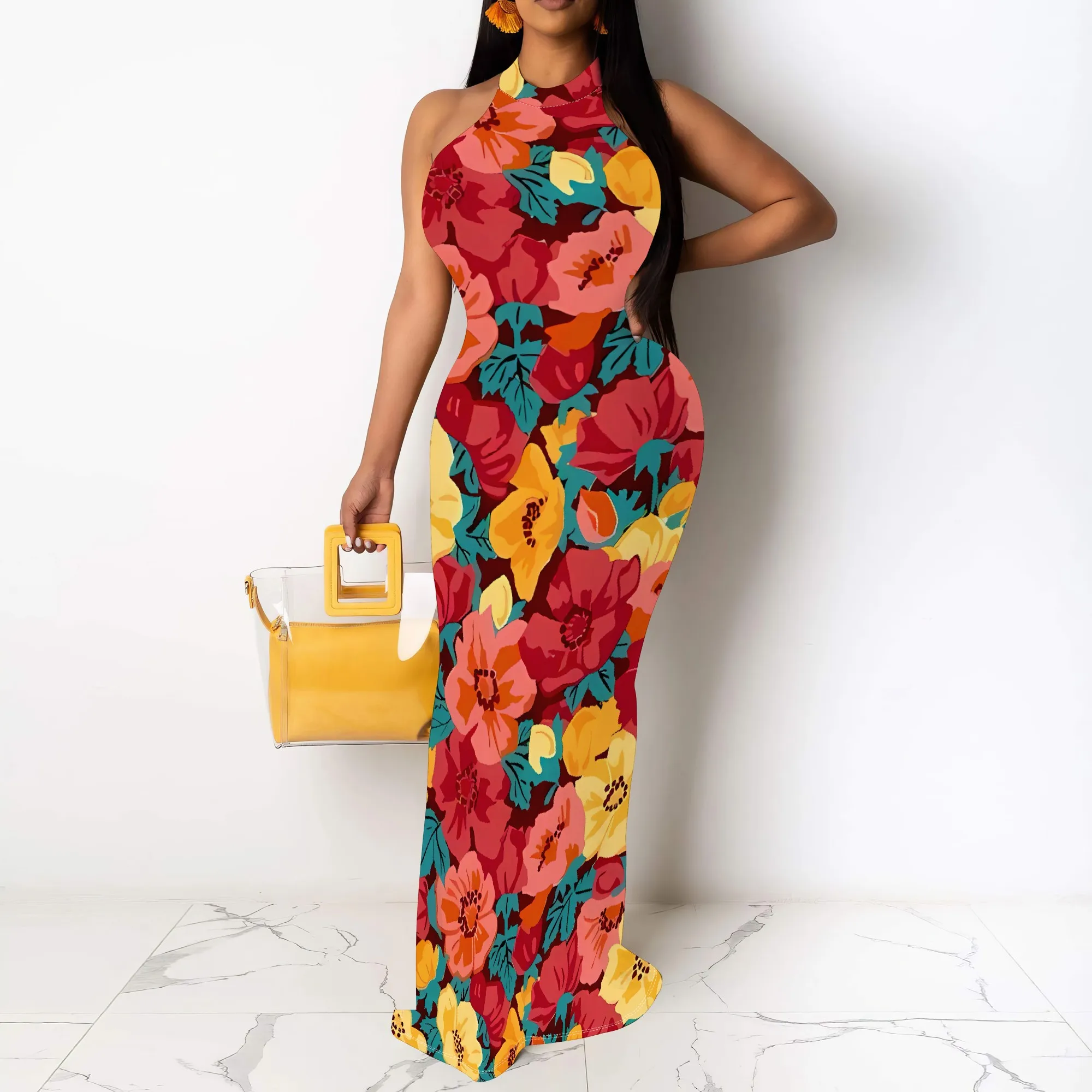 

Nupusa Floral Print Dress for Women Regular Size Summer Casual Halter Neck Sleeveless Maxi Dress