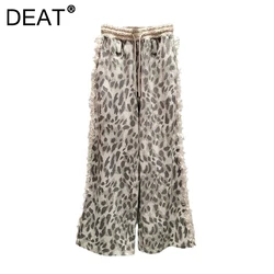 DEAT Women's Pants Elastic Waist Leopard Printed Spliced Plush Wide Leg Straight Causal Trousers 2024 New Fashion Autumn 29L8854