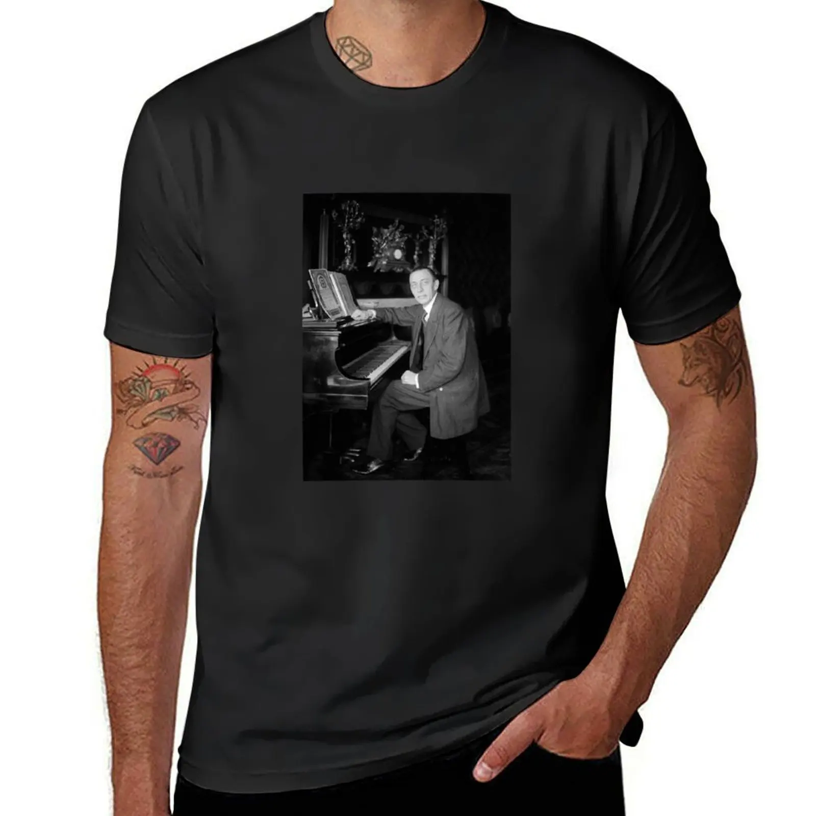 Sergei Rachmaninoff At The Piano - Circa 1915 T-Shirt summer top customizeds aesthetic clothes customs mens plain t shirts