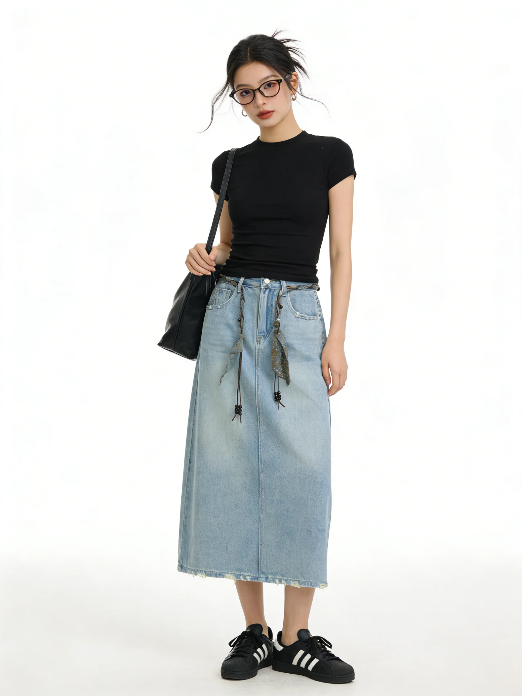 

Джинсовая юбка с высокой талией, женская, с поясом-платком из шелка, приталенная, А-силуэт, драпированная, прямого кроя, миди, с разрезом, универсальная