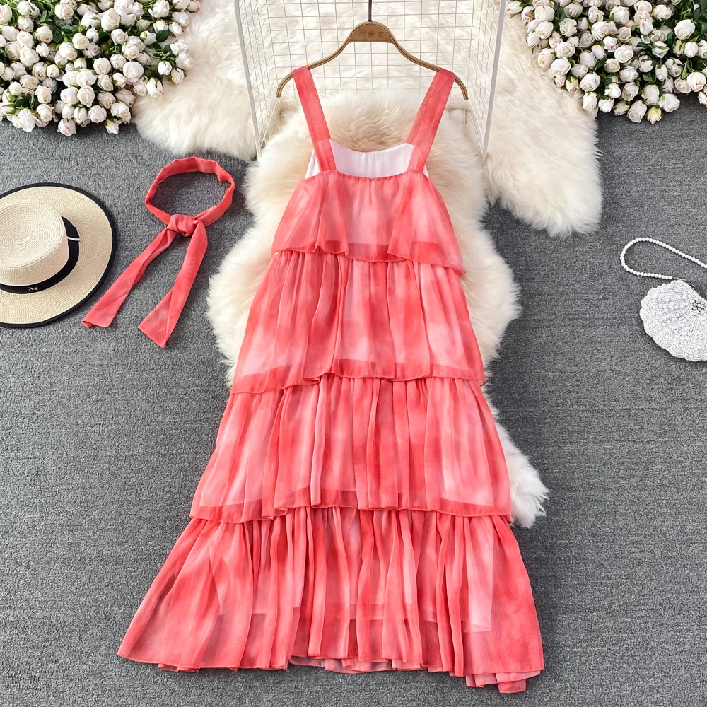 Holiday Boho Dress Seaside Beach Super Fairy Women Ruffles bretella Dress Girls Loose Pink Long pieghettato Holiday photo Dresses