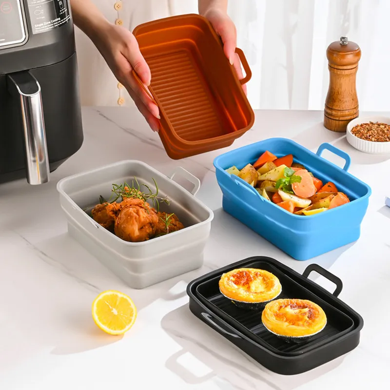 

Air Fryer Silicone Basket Double Handles Basket Collapsible Nonstick Frying Pan Mat Oven Baking Tray Pizza Fried Chicken Basket