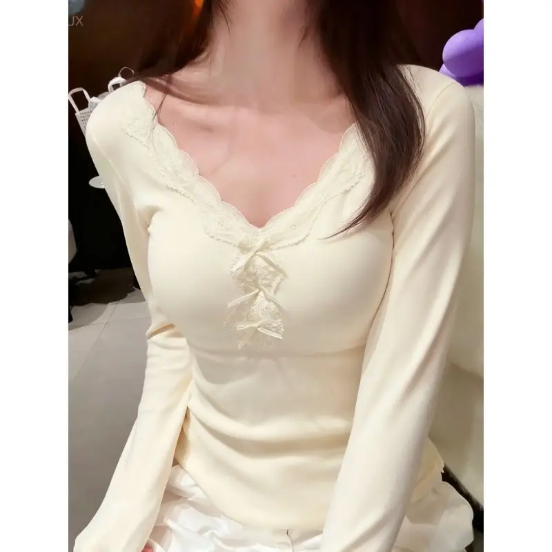 Sweet Autumn Winter Elegant Lace Bow Appliques Women Shirts Harajuku Office Lady Basic Warn Basic Pullover Y2k Punk Korean Tops