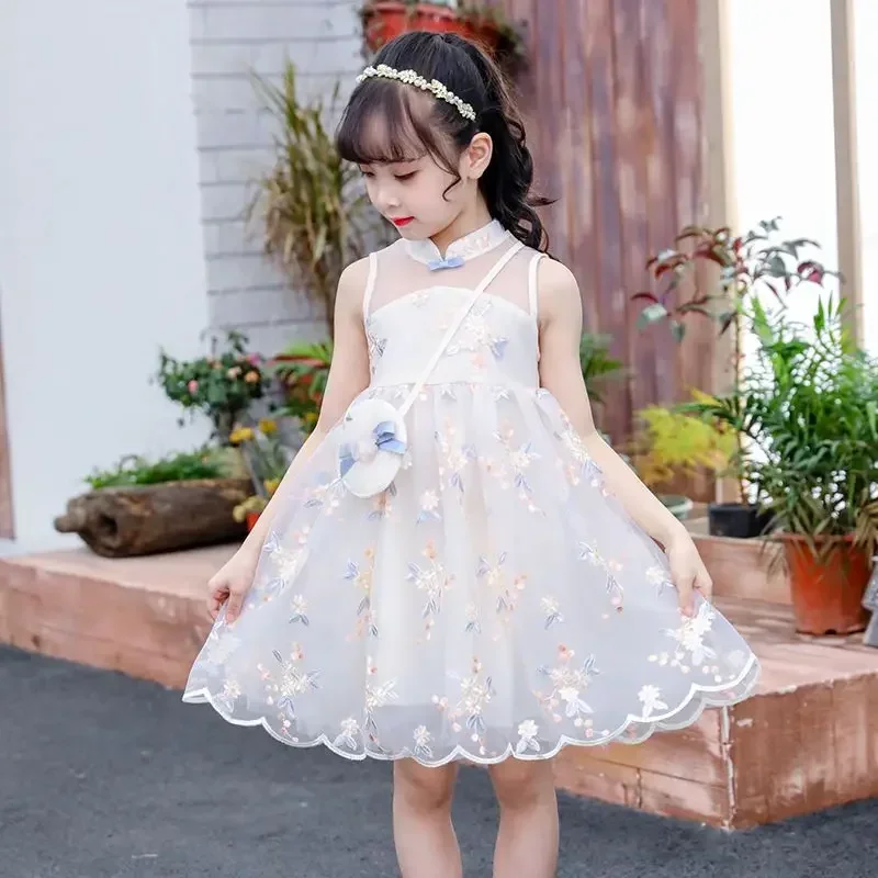 

Girls Summer Dress Clothes Hanfu New Fashion Children's Vintage Net Yarn Dress Girls Kids Dresses for School Wedding of 10 Years