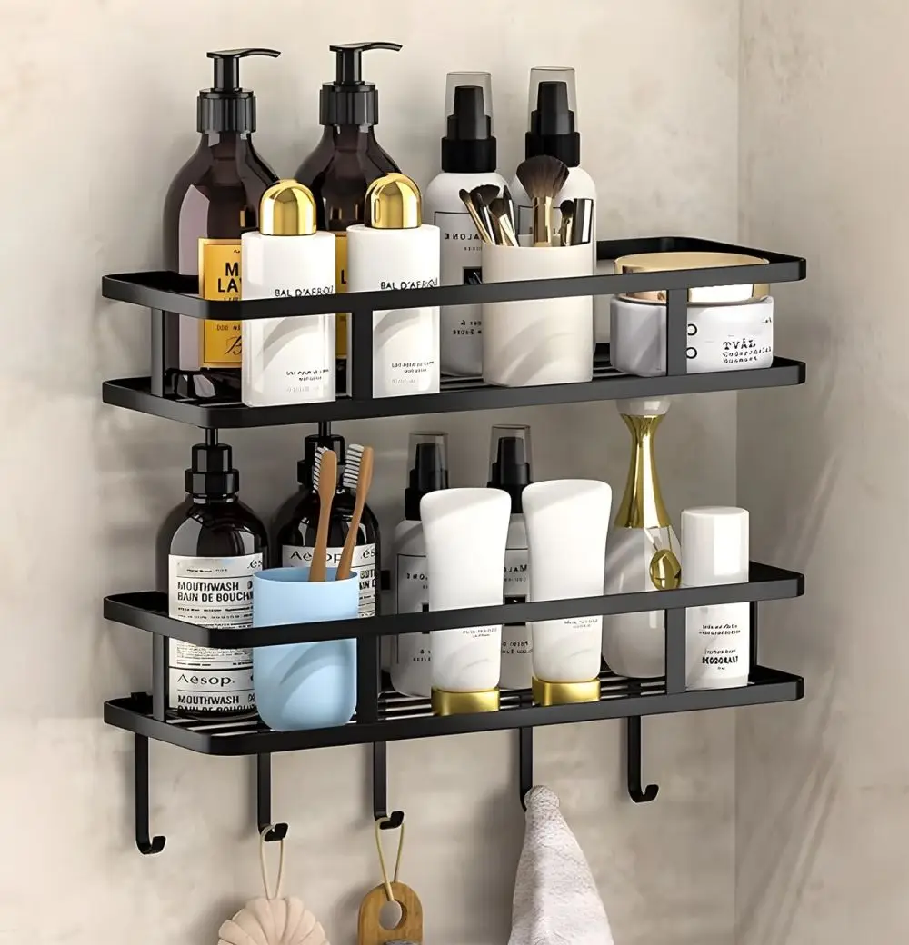 1PC Stainless Steel Shower Caddy Shelf Organizer,  Adhesive Black Bathroom Shelves Basket With Perforation-free Wall Storage