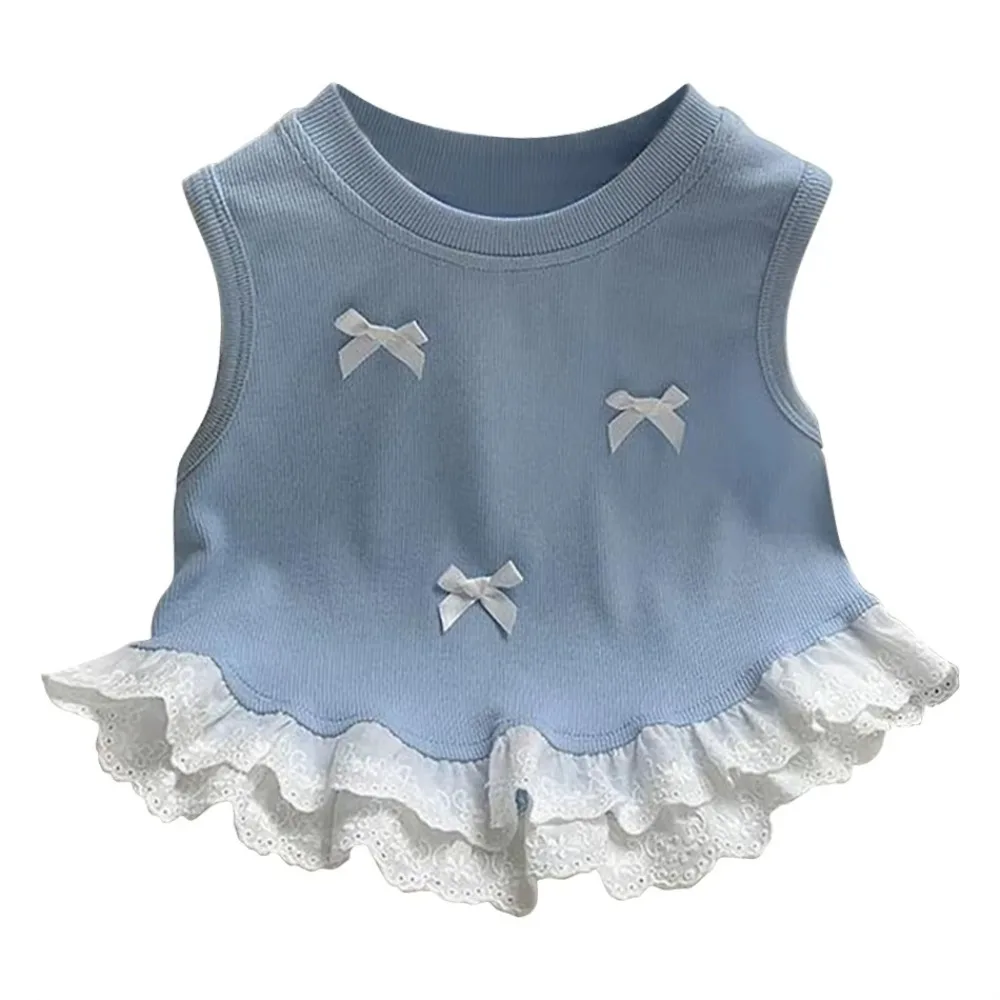 Trendy Comfortable Girls' Bow Vest Shirt Lace Brimmed Soft Sleeveless Top Casual Clothing Moisture wicking T-Shirts Summer