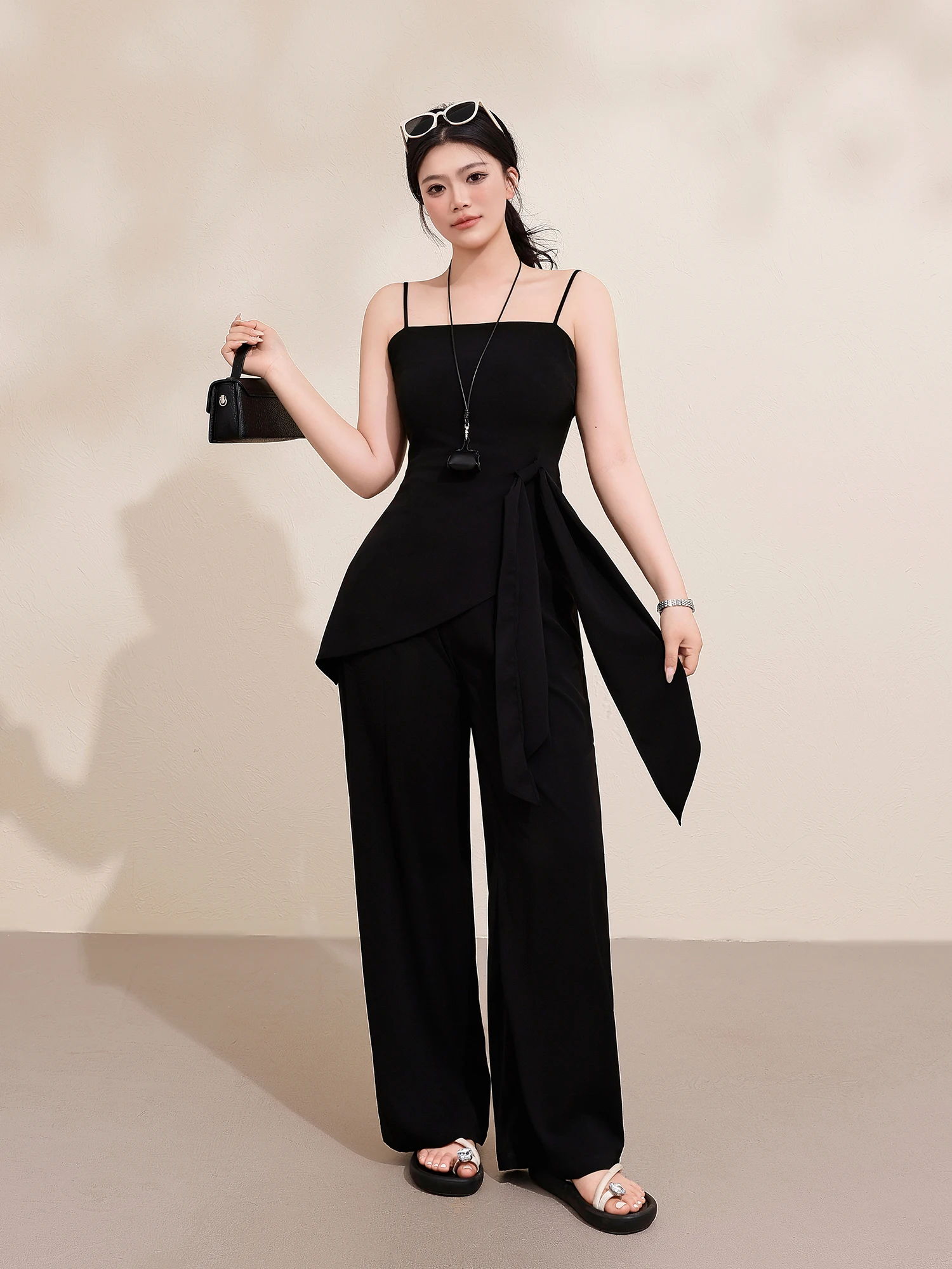 

Easter Sister Casual Pants Set Women's Summer Loose Waist Crop Top High Waist Wide Leg Pants plus Size Fashion Set