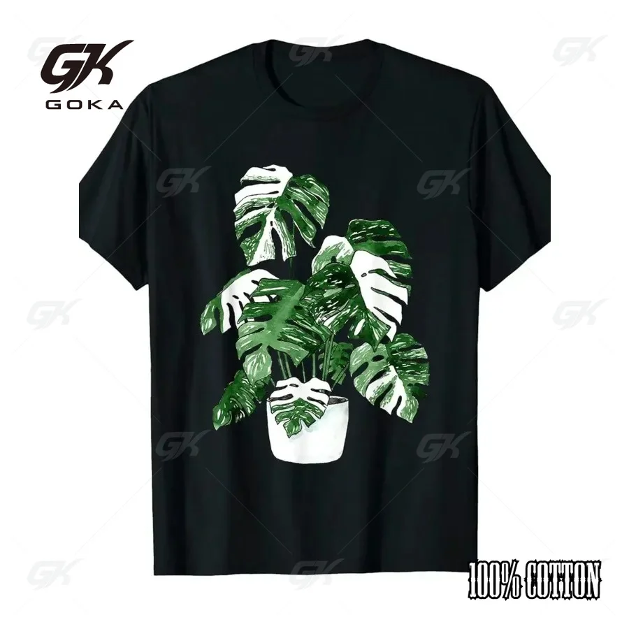 Men Retro Variegated Monstera Leaf Print Trendy Fashion T-Shirt  Unisex Clothes Short Sleeve, Black with Green White