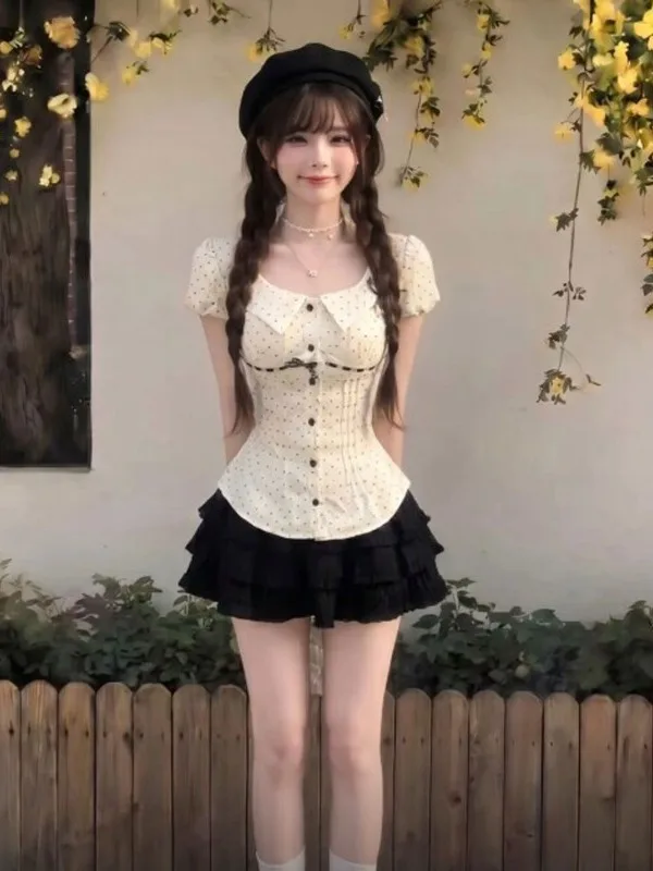 

Sweet Gentle Wind Fashionable Half Skirt Set Short Puffy Summer Outfit Two-Piece Set Comfortable Cotton Shirt And Skirt Ensemble
