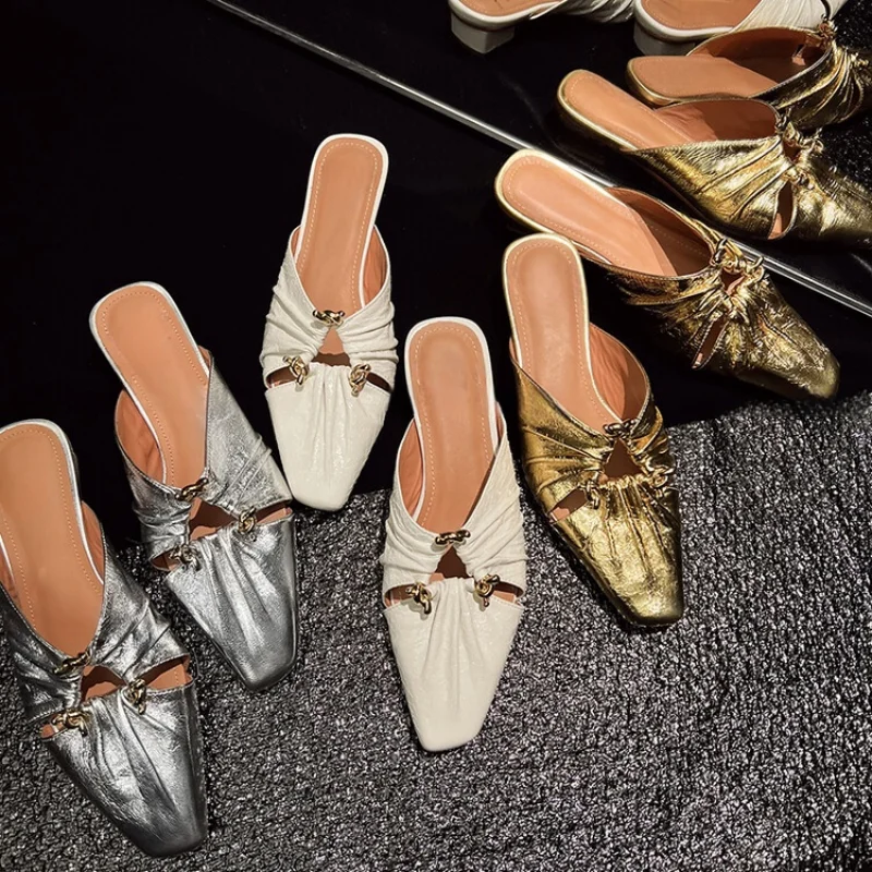 

Metal Square Toe Low Heels Half Slippers Closed Toe Mules Shoes Elegant Women Sandals 2025 Summer Trend Dress Mujer