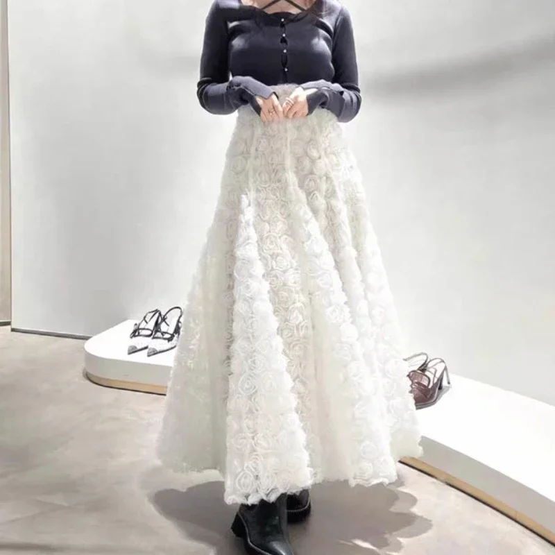 

Japanese Sweet Fresh High Waist Skirts Three-dimensional Rose Flower A-line Long Jupe 2025 New Solid Fairy Faldas Mujer Moda