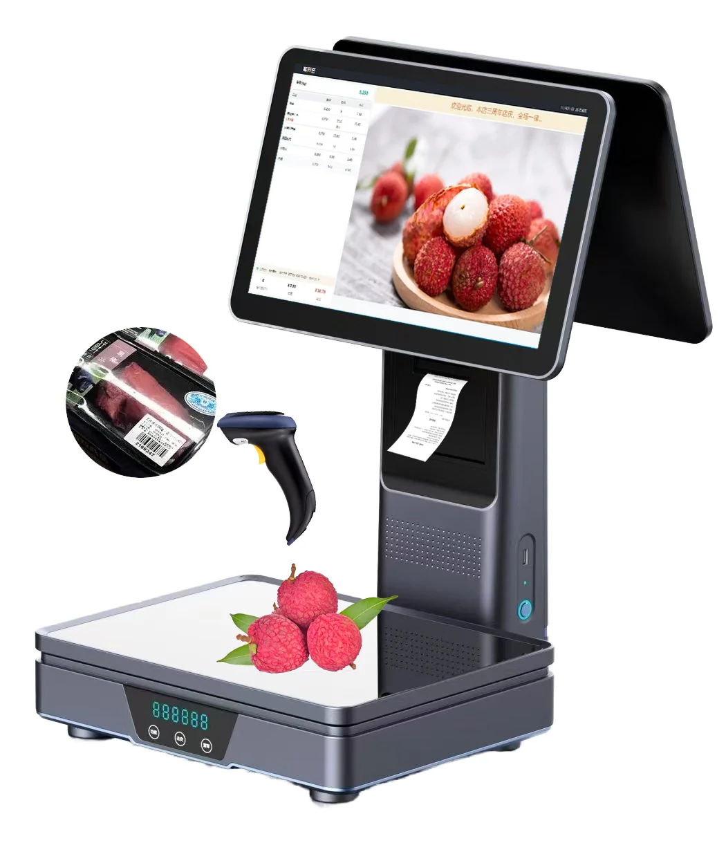 نظام POS متكامل ممتاز بشاشة مزدوجة مع حساب تلقائي للطابعة المزدوجة والتعرف على منتجات AI لـ Cashie