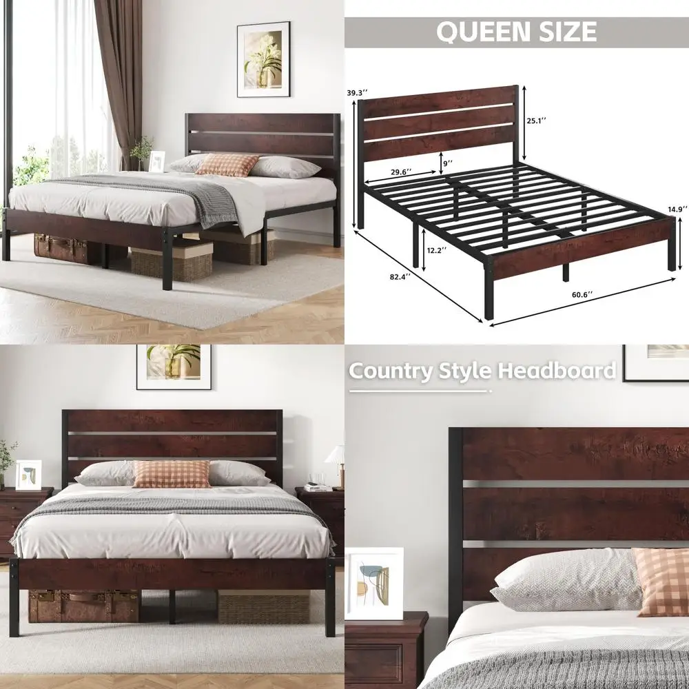 

Red Brown Metal Queen Bed Frame with Headboard, Footboard, Underbed Storage, No Box Spring, Easy Assembly