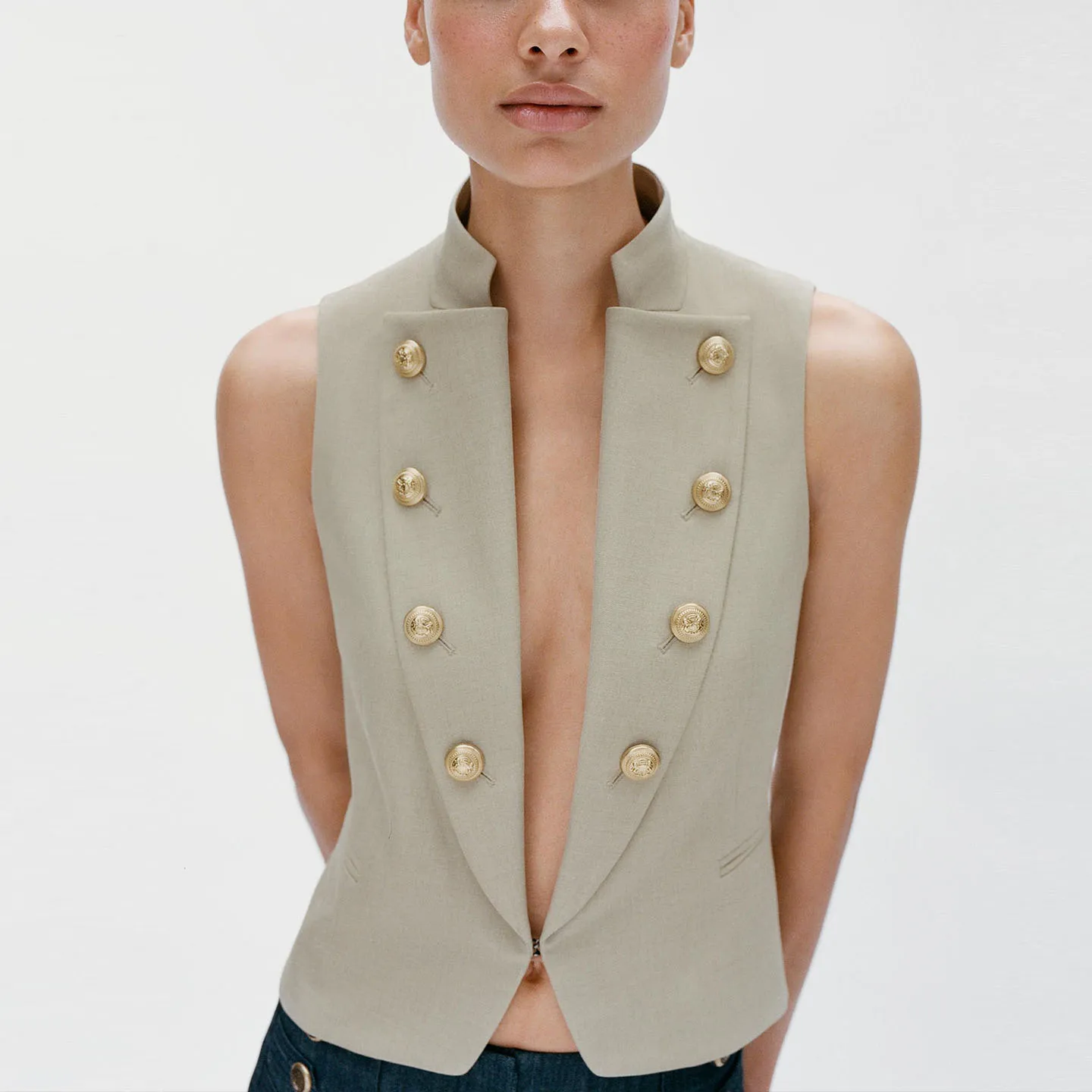 Fashionable Sleeveless Pure Color Vest Women's Autumn Wear Decorative Button Flip Cover Design ZADATA Brand 2026 New Arrival