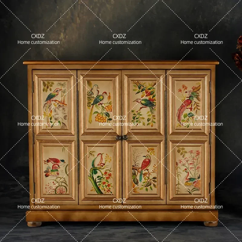 Retro Four Door Shoe Cabinet with Hand Painted Flower and Bird Pattern Foyer Entrance Side Storage Furniture for Home