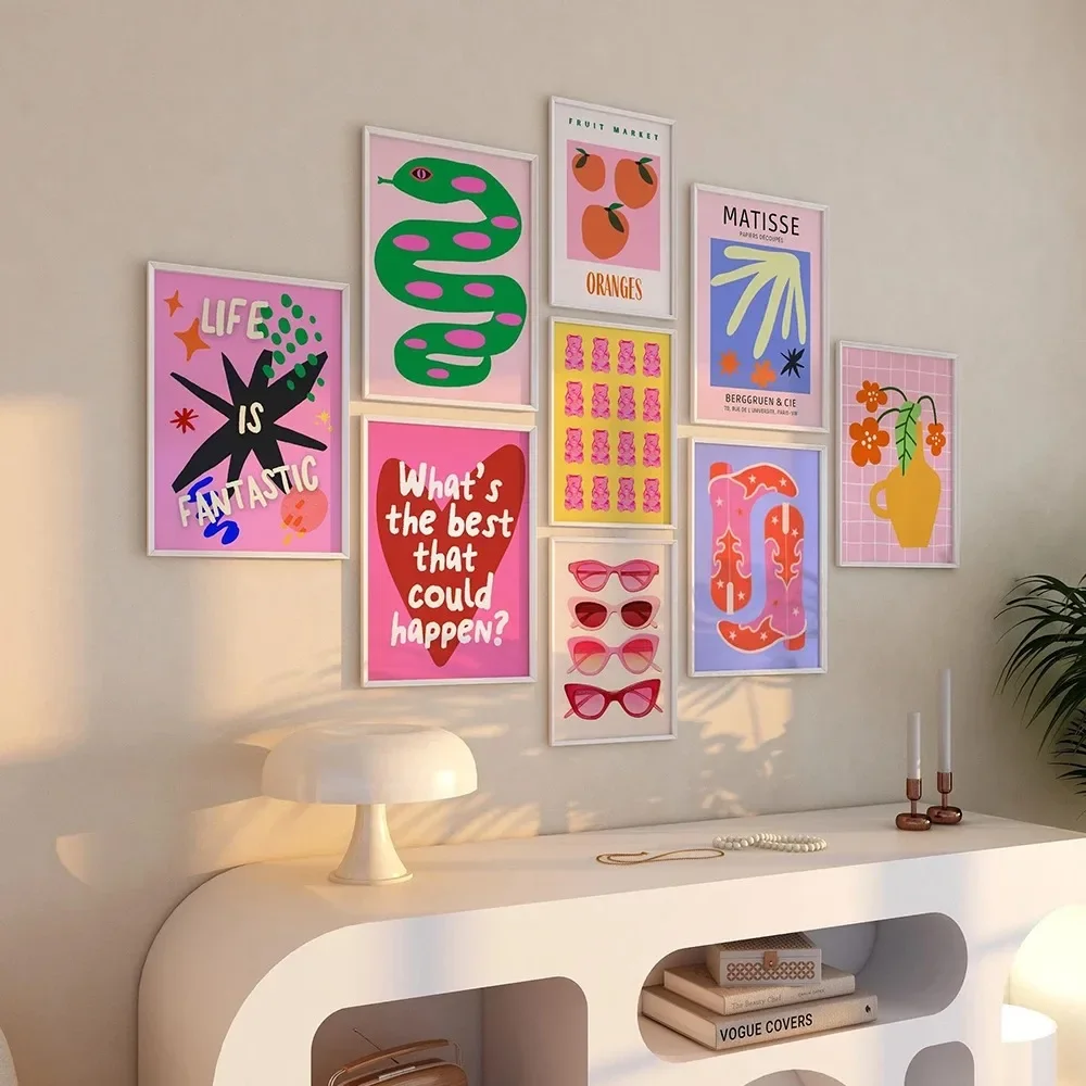 Trendy Maximalist Poster Set Prints Hot Pink Room Decor Dopamine Wall Art Pictures Danish Abstract YK2 Dorm Kitchen Decor Mur