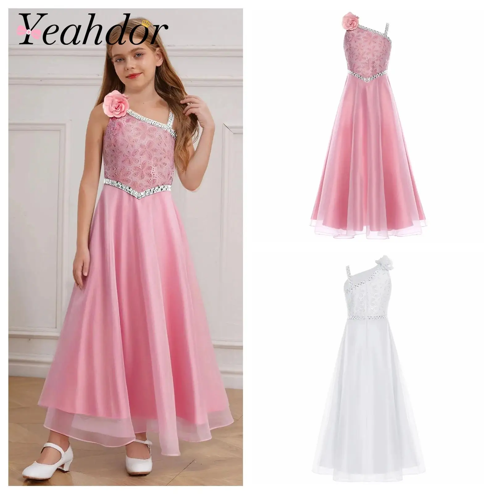 

Girls Dress One Shoulder Pageant Chiffon Floor-length Dress Ceremonies Kids Clothes Graduation Prom Gown Wedding Party Dress