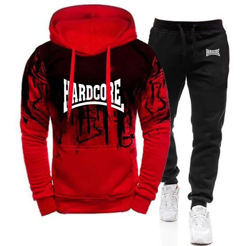 2024 New Hardcore Men's Fashion Spring And Autumn Tracksuits Gradient Color Hooded Hoodie + Print Leisure Sweatpant Suit