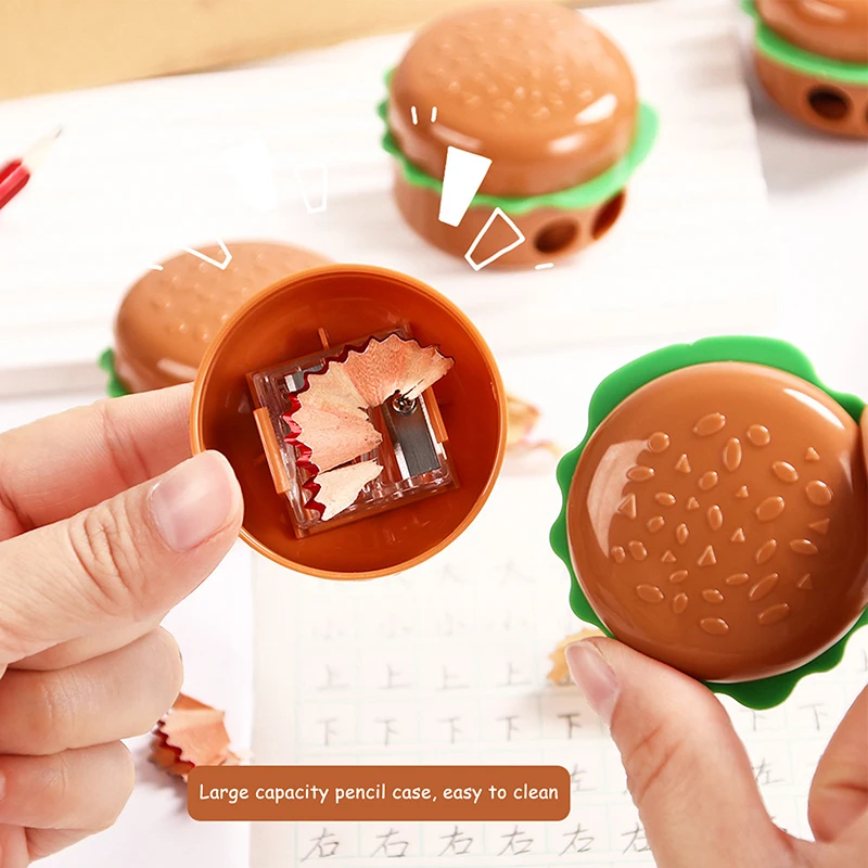 Sacapuntas con forma de hamburguesa de dibujos animados creativos, herramientas de corte de lápiz con agujeros dobles, suministros escolares, regalos de papelería para estudiantes