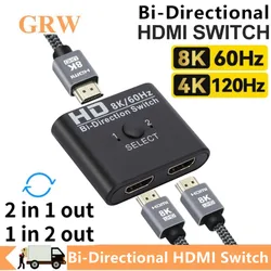 Divisor de interruptor Compatible con HDMI, 8K, 60Hz, bidireccional, 1x2/2x1, conmutador 2 en 1, salida para PS4, TV Box, adaptador de conmutador