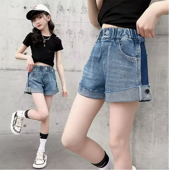 

Лето 2025 г., популярные шорты для маленьких девочек, детские джинсовые шорты с манжетами, повседневные джинсовые шорты для девочек, дизайнерские джинсы с карманами, От 4 до 14 лет