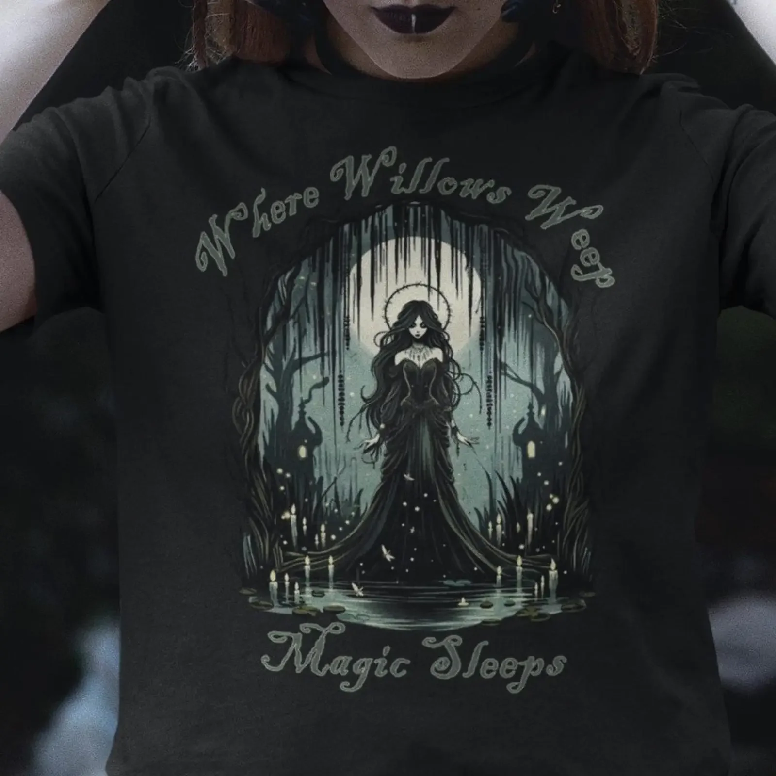 Whimsigoth Where Willows Weep Witchy T Shirt Mystical Dark Forest Magic Pagan Wiccan Casual  vintage Washed