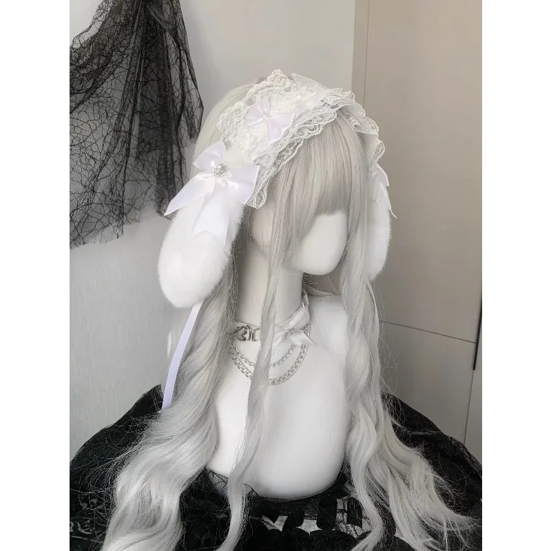 Anime Rabbit Ears Hairband Gothic Lolita Cosplay Props Goth Bunny Ear Bow Hair Bands Japanese Y2K Punk Lace Ruffled Headwear