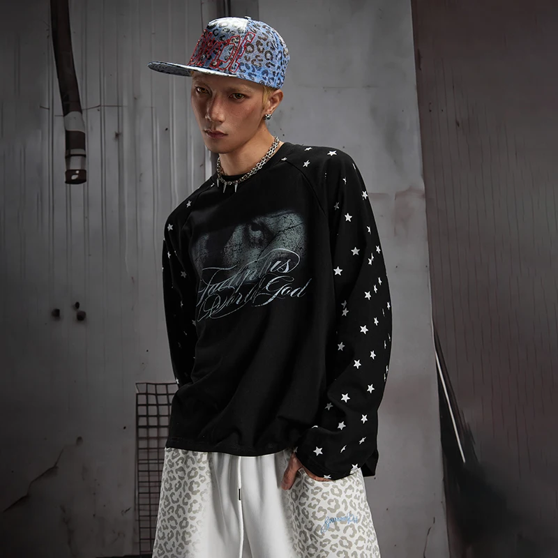 LUZHEN 2026 New Trendy Pentagram Printed Long Sleeve T-shirts Men's Handsome Tie-dyed Pattern Round Neck Male Casual Tops JY9072