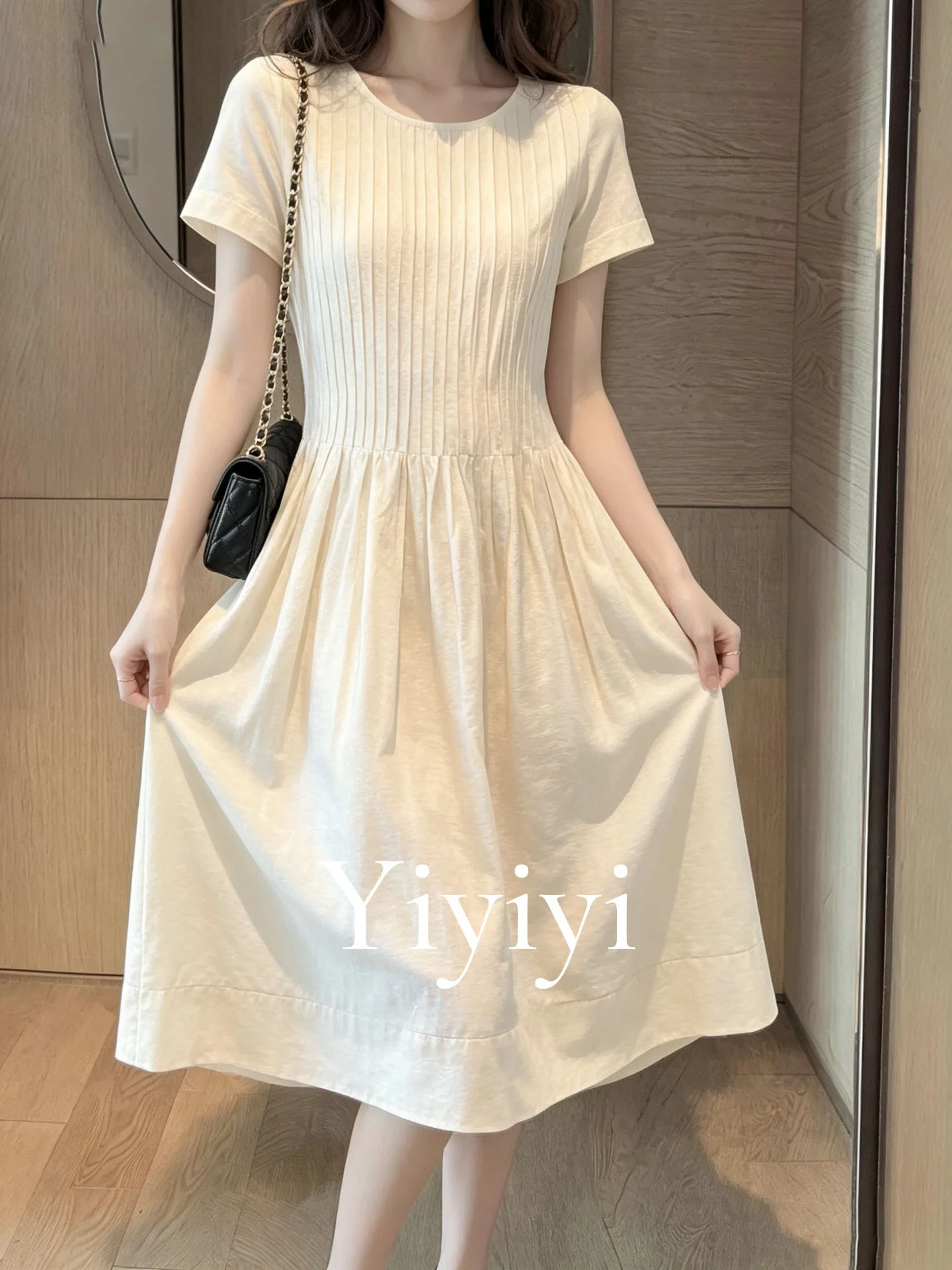 plus Size Autumn Dress round Neck Short Sleeve Pleated Slimming Midi Length Casual Style Polyester Fiber Fading Resistant A-L...