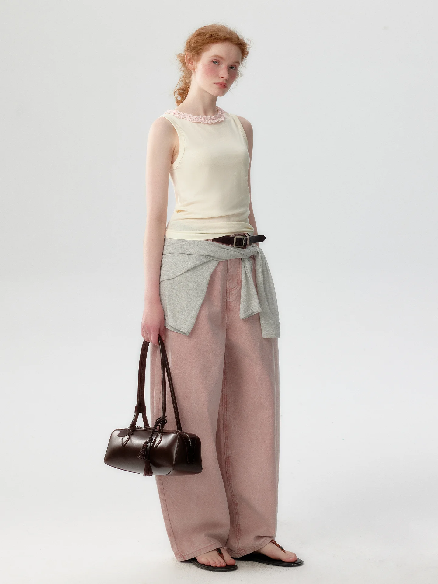 High Waist Wide Leg Pink Denim Jeans Women's Spring Autumn Loose Drapey Floor-Length Pants Comfortable Breathable Cotton